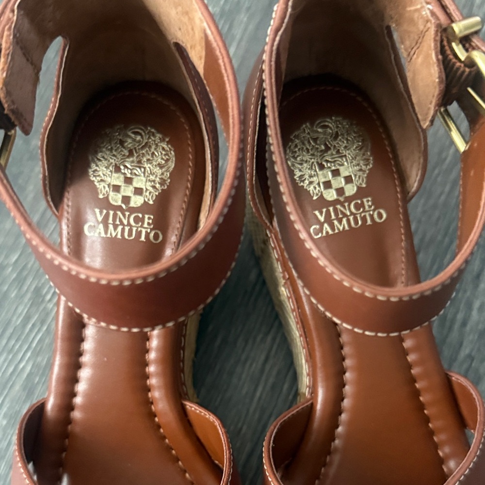 Vince Camuto Cognac Leather Platform Wedge Sandals with Ankle Strap - Picture 3 of 9